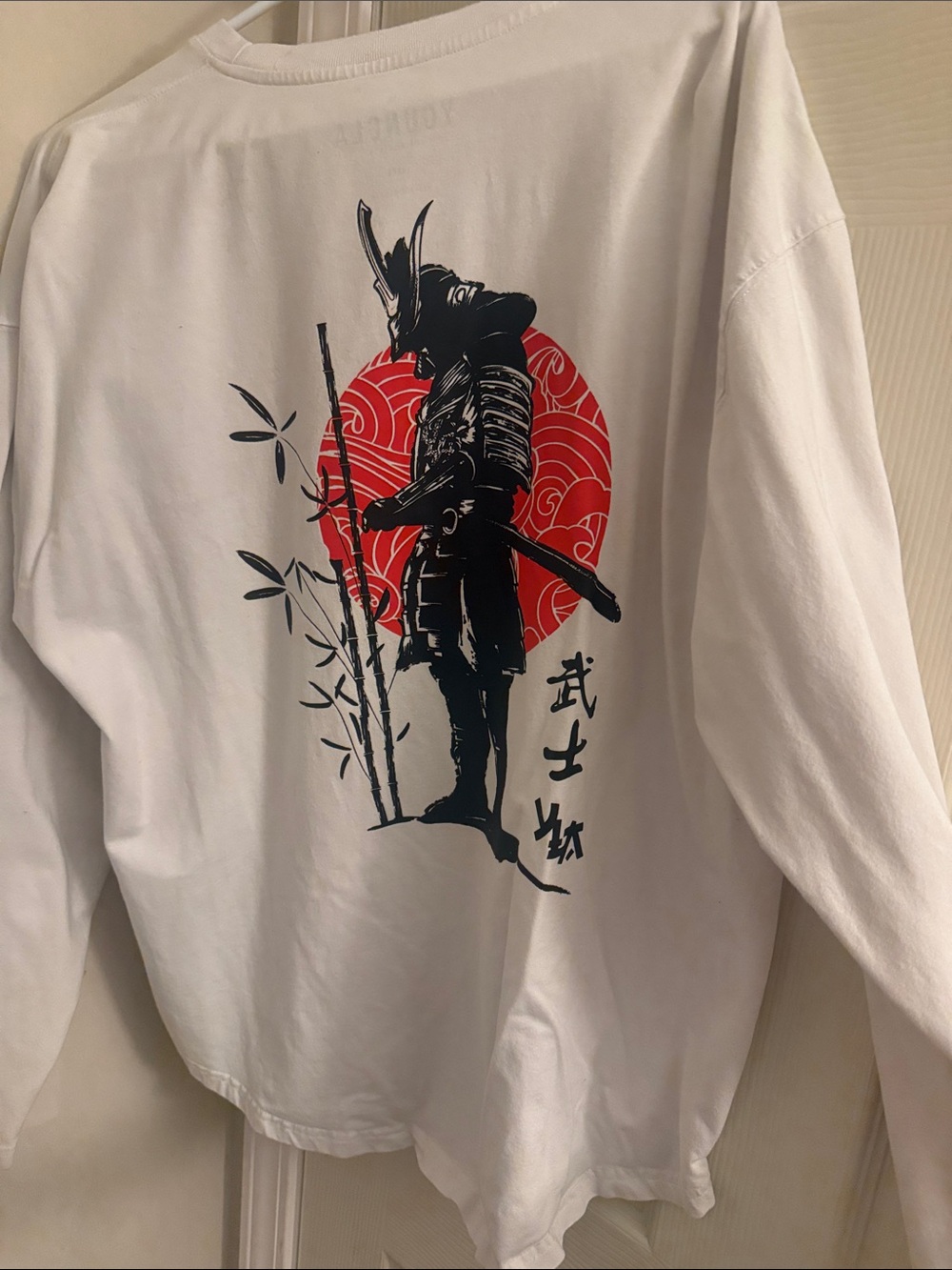 Youngla samurai Graphic Long Sleeve Shirt - White with Red & Black
